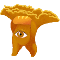 a living chicken of the woods mushroom with one eye, holding a bread